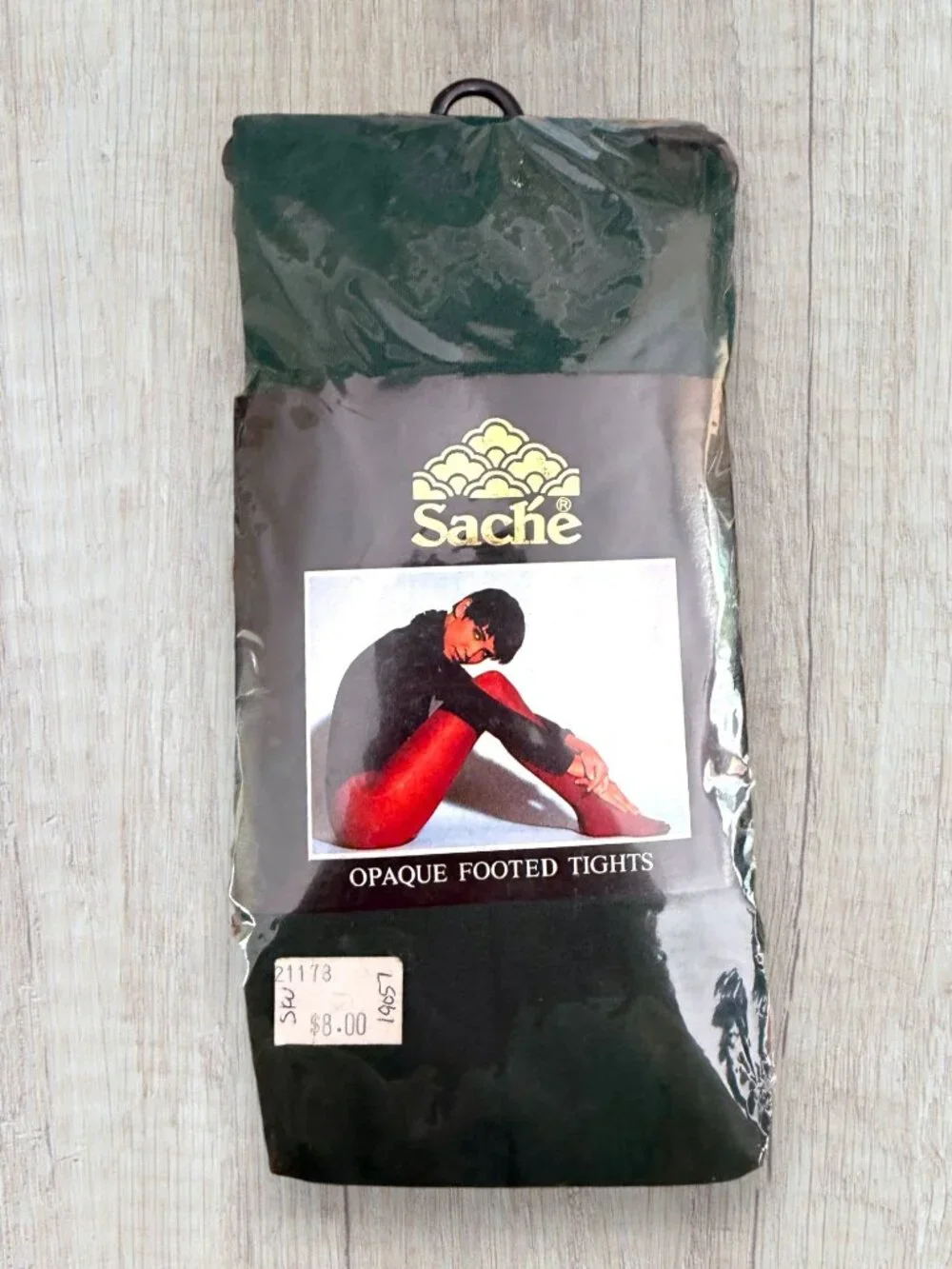 Vintage Saché Opaque Footed Tights Dark Green One Size NOS Cotton Crotch 90-150